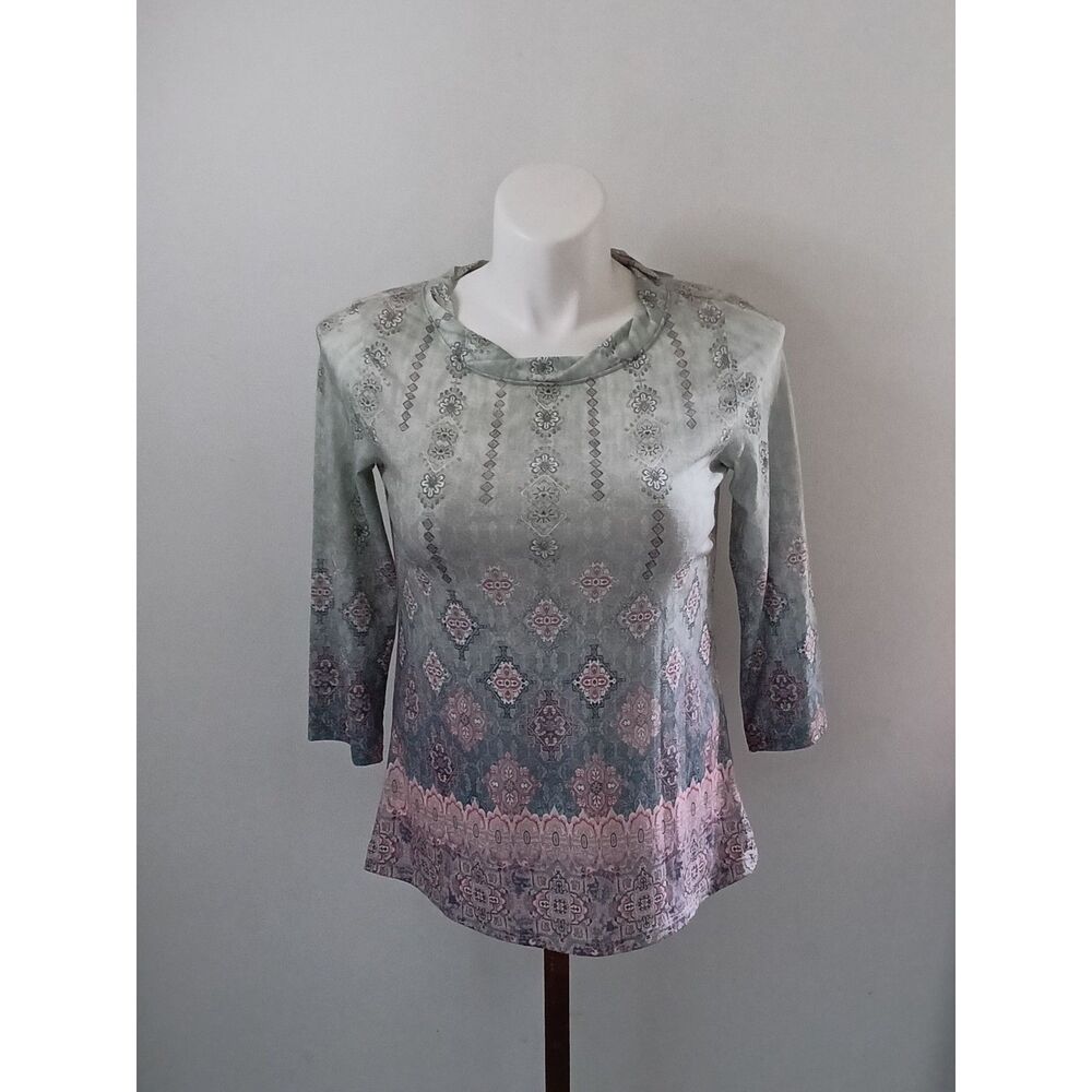 Christopher & Banks Grey Medallion Print 3/4 Sleeve Top Size L